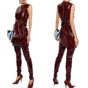 MSGM Vinyl Logo Wine Purple Patent Skinny Pants Leggings